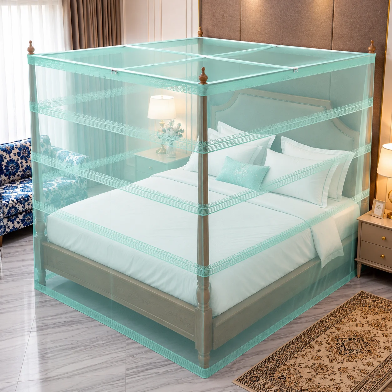 Premium Mosquito Net with Decorative Lace Design - Mint Green