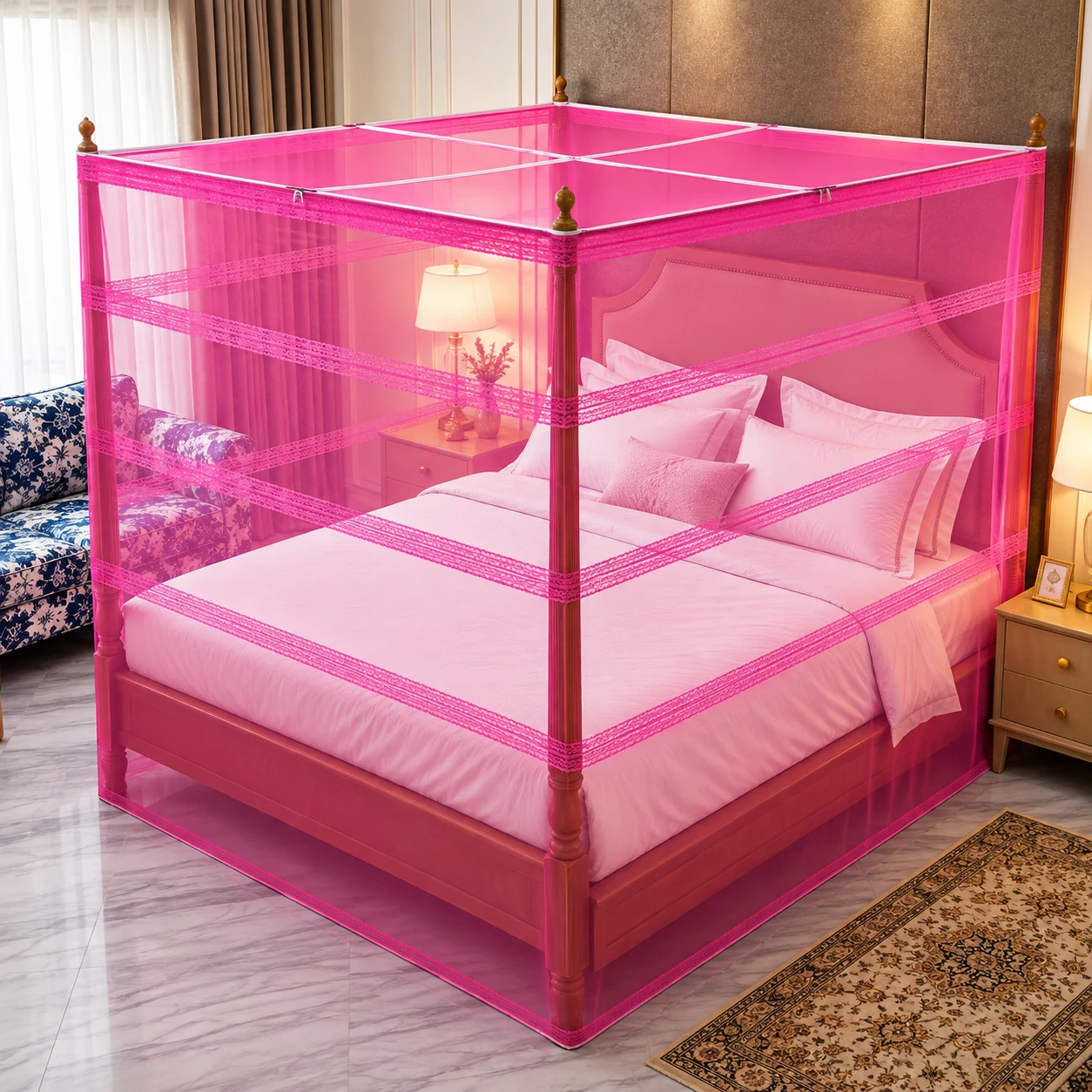 Premium Mosquito Net with Decorative Lace Design - Hot Pink