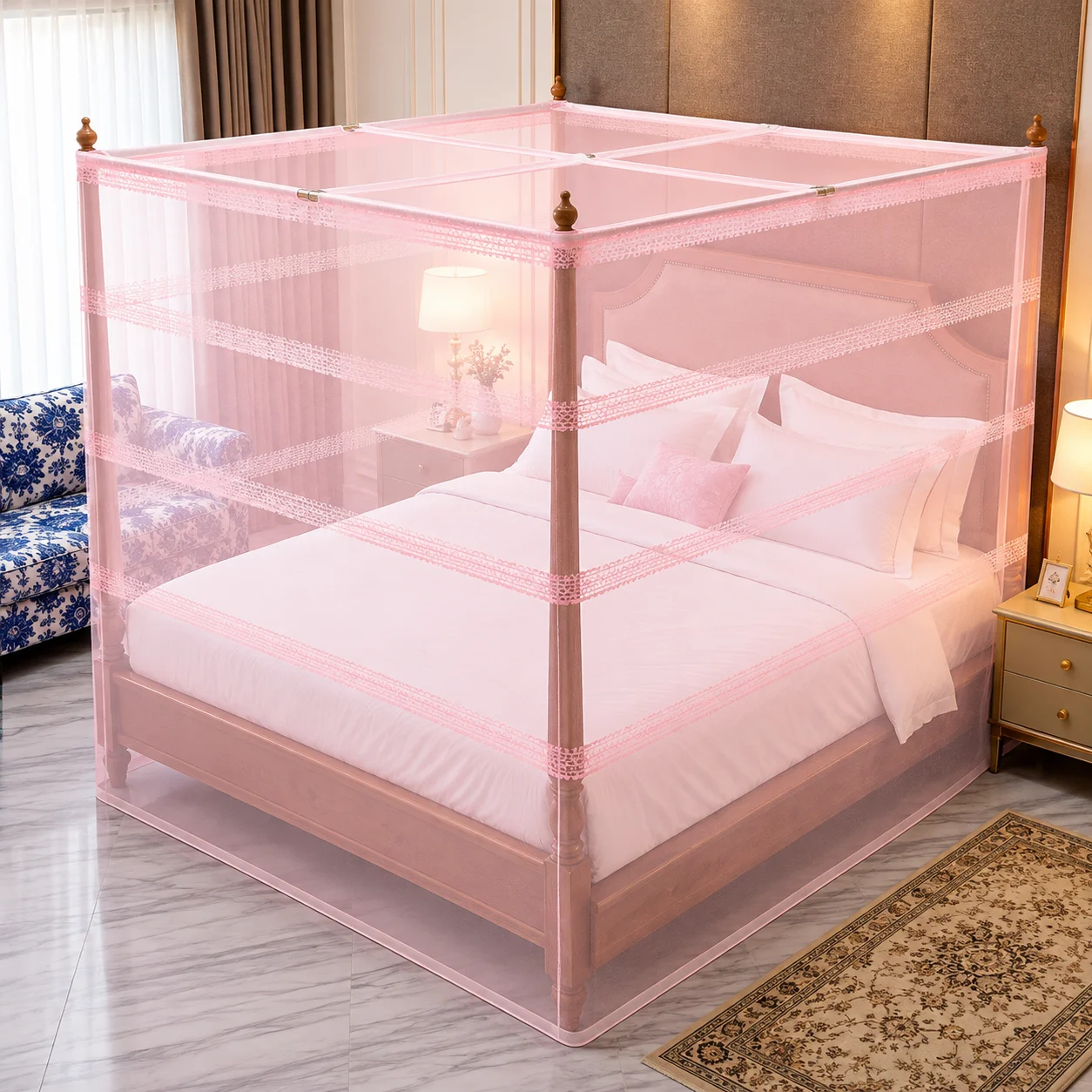 Premium Mosquito Net with Decorative Lace Design - Light Pink